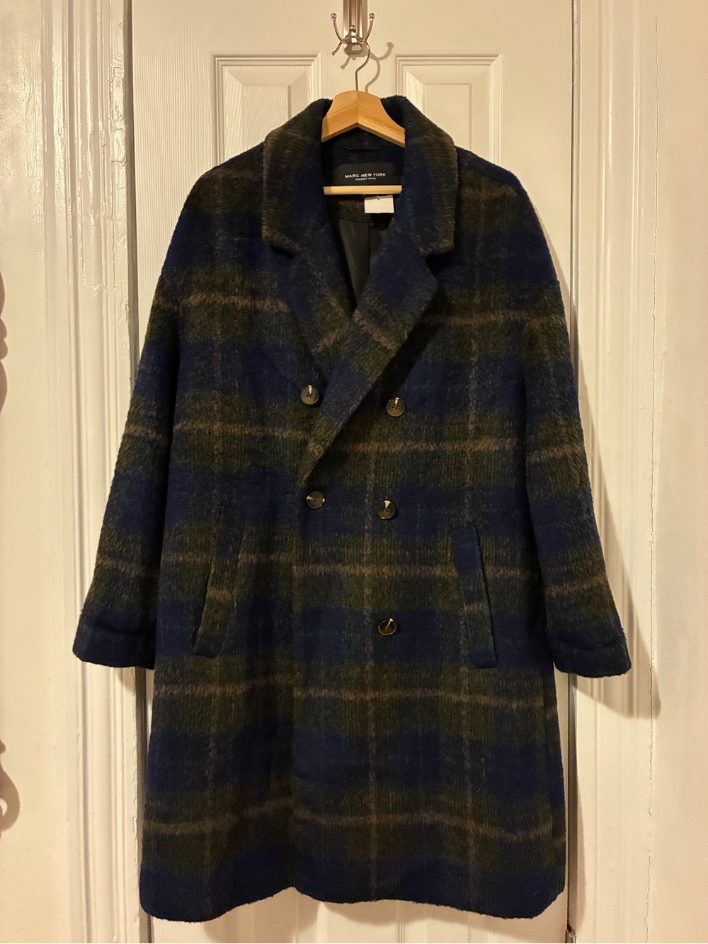 NWOT Marc New York Andrew Marc Blue and Green Plaid Double-Breasted Pea Coat